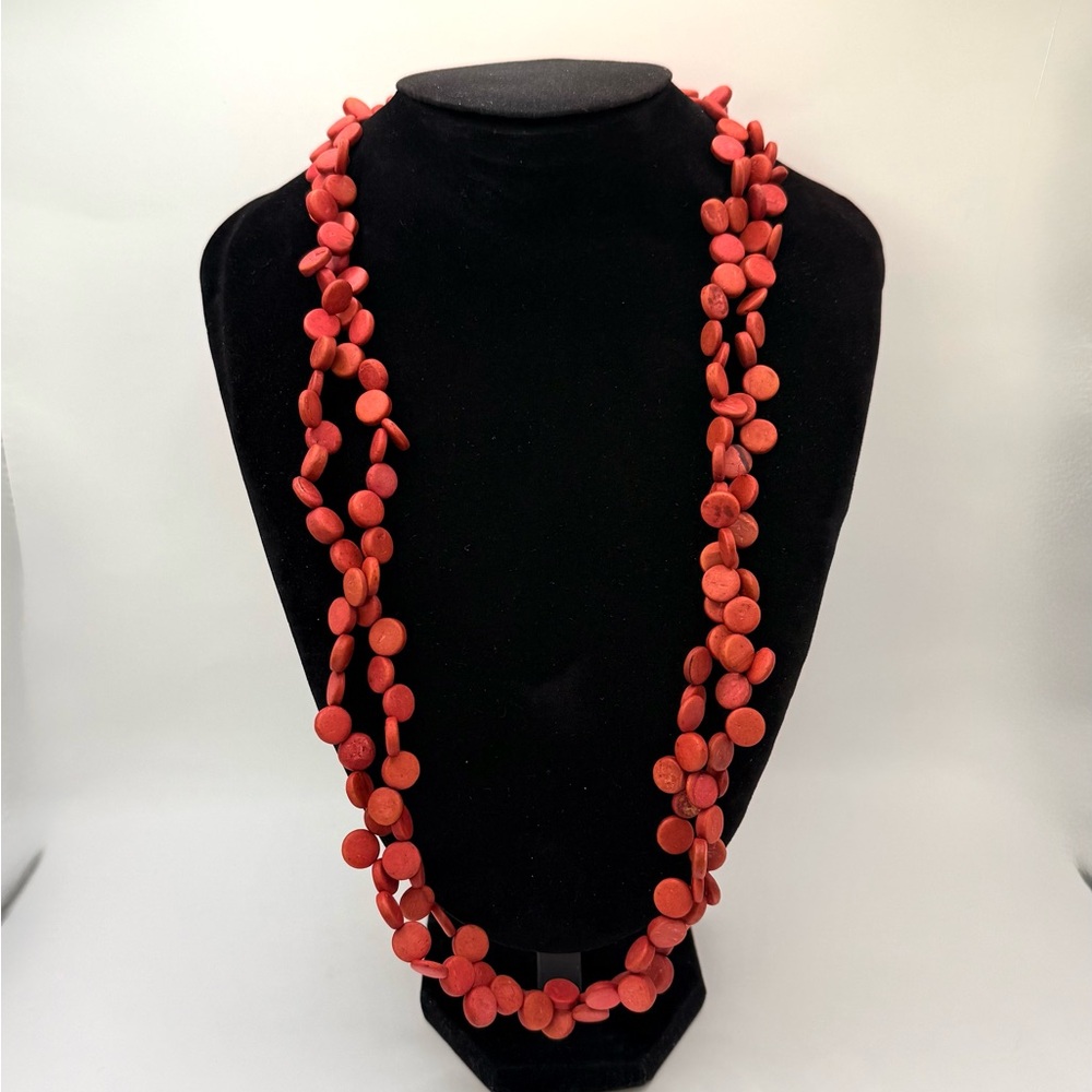 Vintage Wooden Red Beaded Long Necklace with Screw Clasp 60” Long